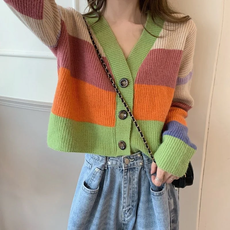 Women Colorful Striped Cardigan Crop Top Loose Teenagers Comfort Outwear Korean Style Sweaters Trendy Females Spring All-match