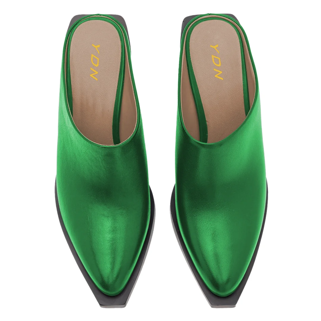 Green Vegan Leather Snip Toe Fashion Heeled Mules for Women