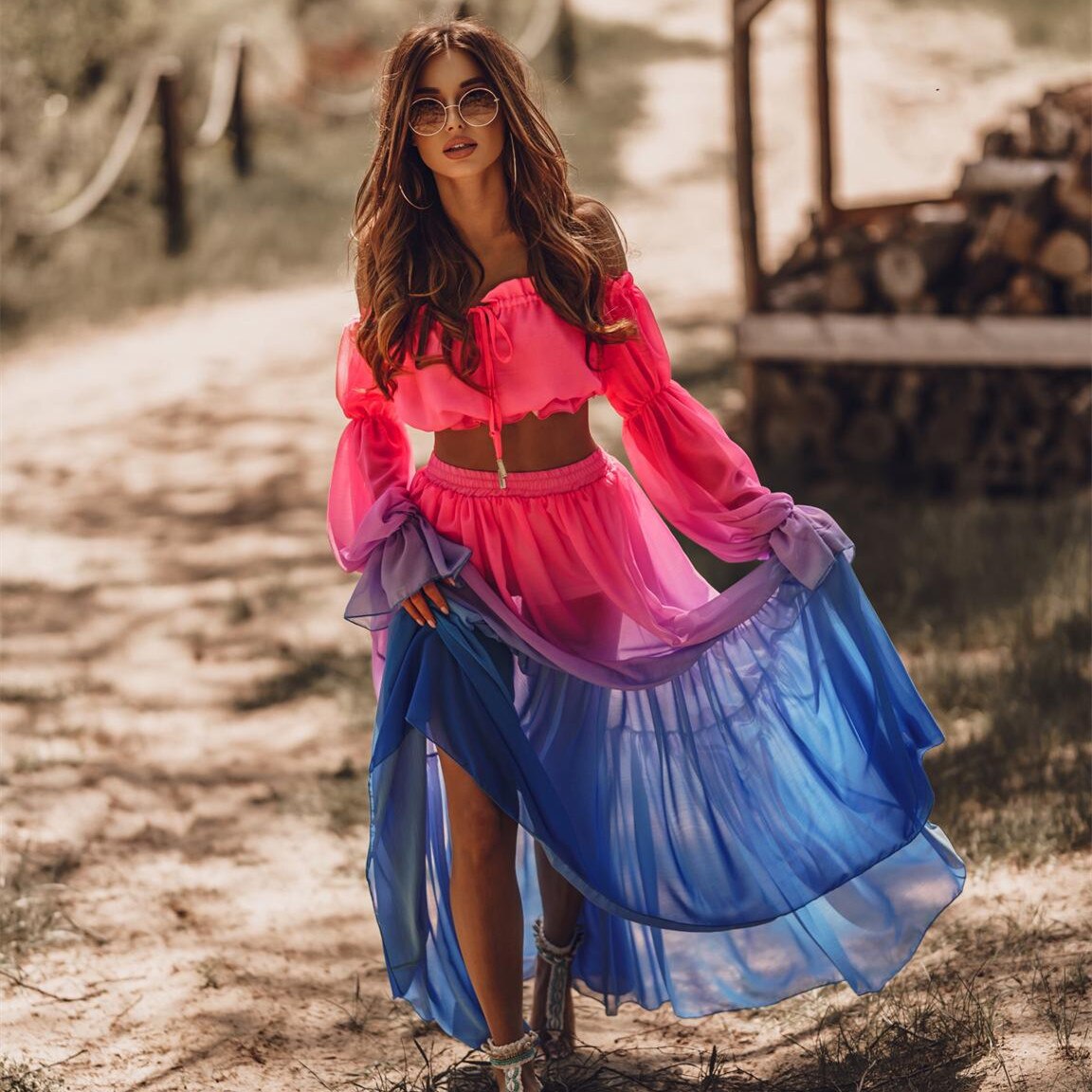 Llgye Women Mesh Sheer Bikini Cover-Ups Set Gradient Color See Through Long Sleeve Crop Tops + Cover Up Skirt Two Piece Beach Dresses llyge