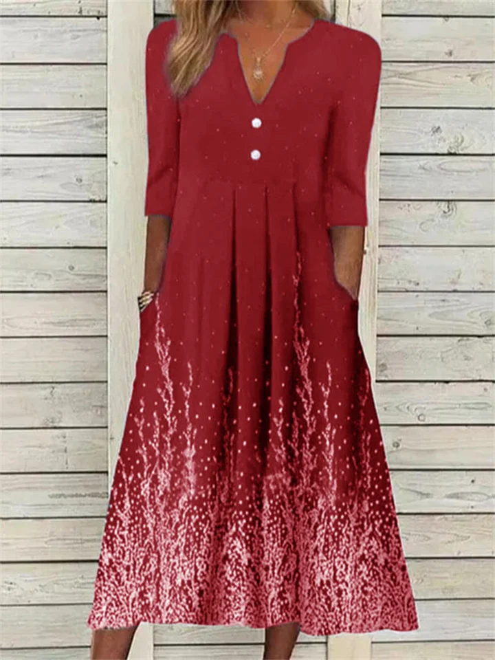 Summer New Dress Digital Printing Pleated V-neck Mid-sleeve Five-part Sleeve Long Dress S-5XL