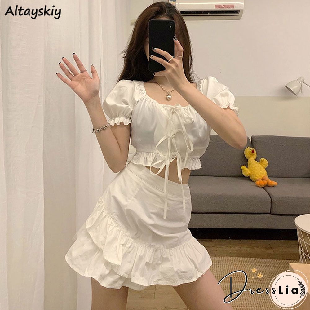 Summer Sets Women Chic Crop Top Basic Empire All-match Bottom College Daily Ulzzang Lovely Female Outfits Casual Party Holiday