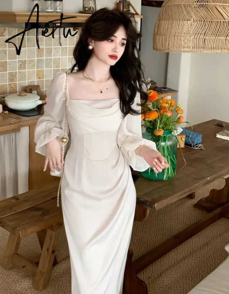 Aiertu  Autumn Solid Elegant Fairy Dresses Women Casual Party Fashion Korean One Piece Dress Female Lace Vintage Chic Midi Dresses Aiertu