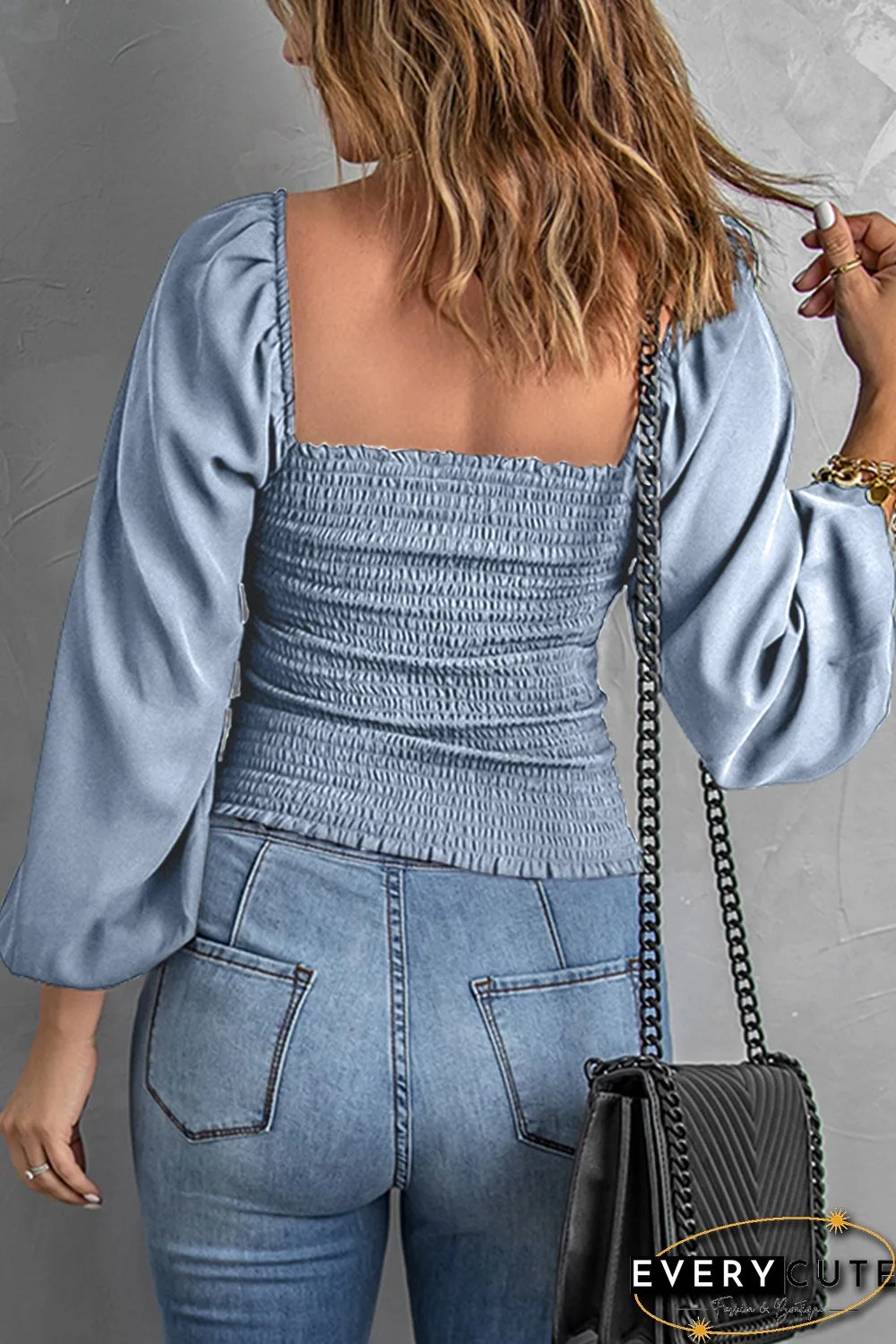 Sky Blue Puff Sleeve Smocked Top