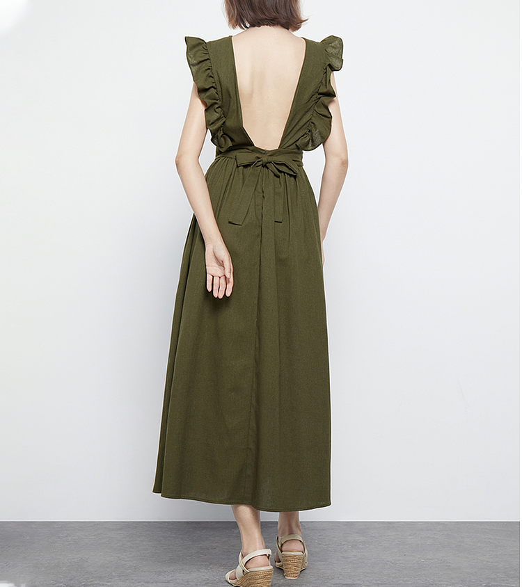 Backless Ruffled Sleeves Midi Dress