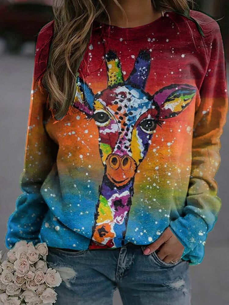 Colorful Giraffe Print Long Sleeves O-neck Casual Sweatshirt For Women