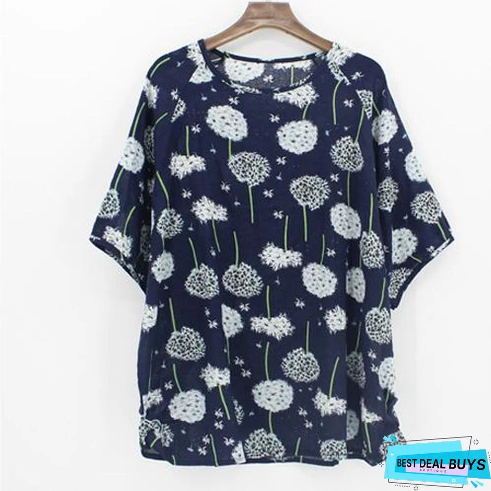 Plus Size Women Batwing Casual Tops Tees Floral Print Cotton Linen Blouses