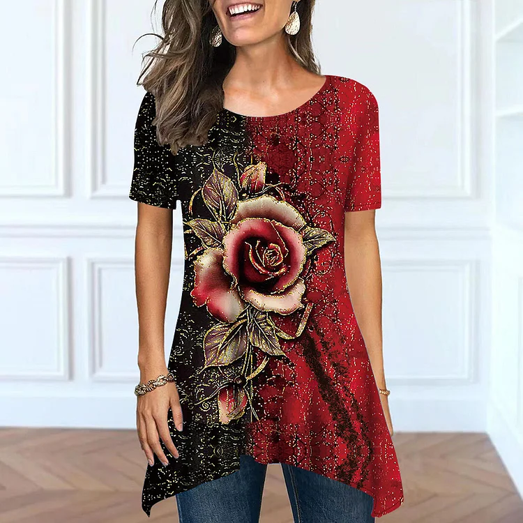 Vintage Floral Contrast Round Neck Irregular Hem Short Sleeve Tunic