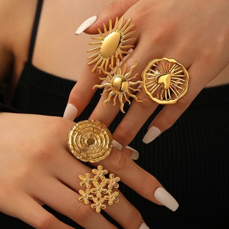 Minimalist Classic Style Round Sun Heart Shape 304 Stainless Steel 18K Gold Plated Open Rings Rings