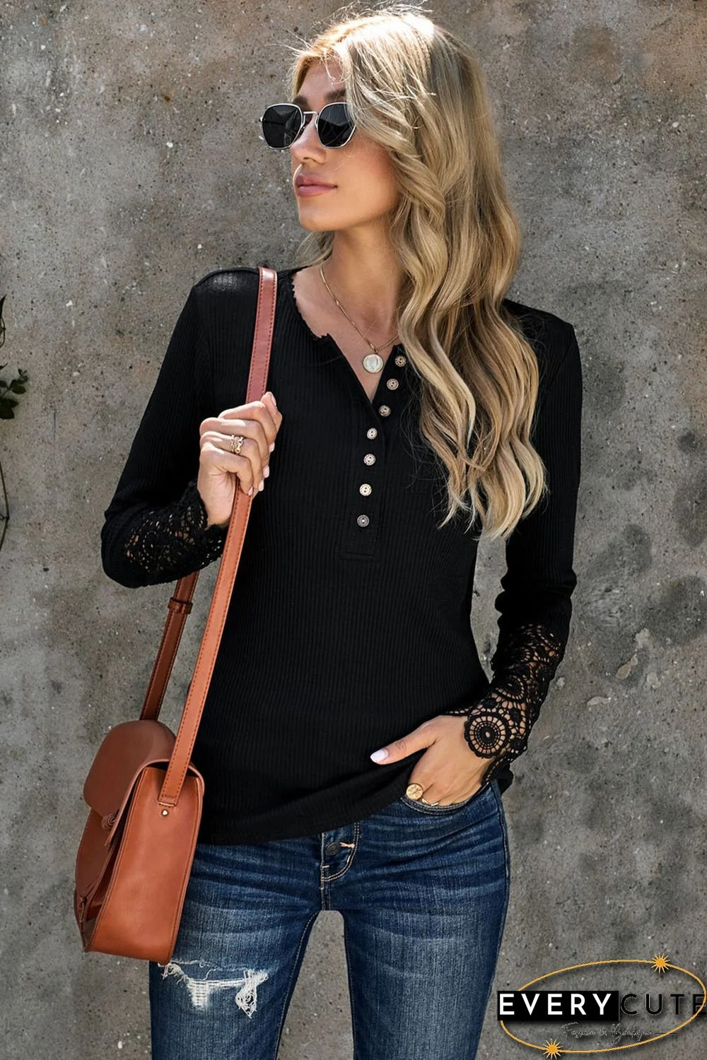 Black Crochet Lace Hem Sleeve Button Top