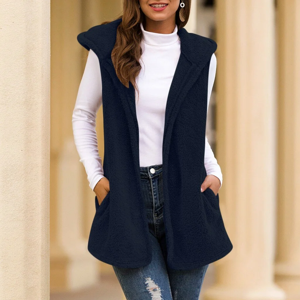 Fluffly Vintage Plush Hooded Wastcoat Vest Coats Sleeveless Warm Cardigan Outwear Teddy Cozy Jacket Fashion Women Autumn Winter