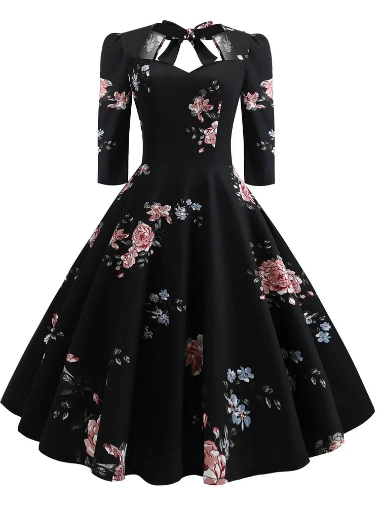 1950s Plus Size Black Floral Print Lace Up Swing Midi Dress