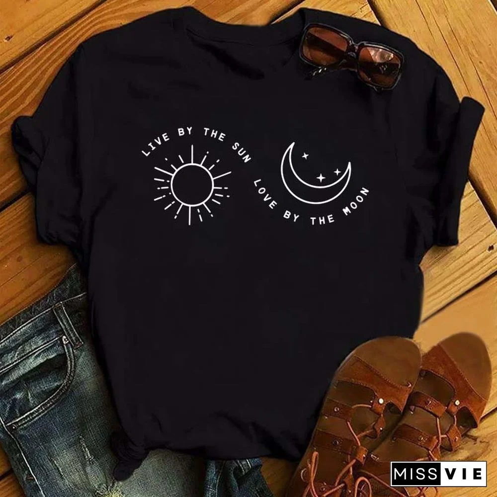 Maycaur Women Harajuku T Shirt New Moon Star Printed T Shirt O-Neck Summer Short Sleeve Tees Women Clothes Graphic T Shirts