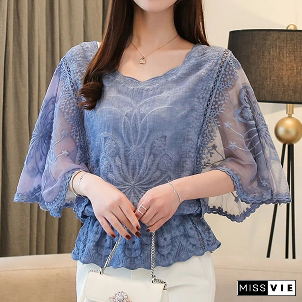 Fashion Women Blouses Spring New Chiffon Blouse Cotton Edge Lace Blouses Shirt Butterfly Flower Women Shirt Tops Blusas 4073 50