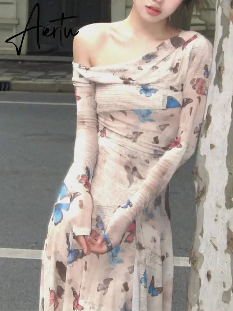 Aiertu Winter Vintage Sexy One Piece Dress Women Off Shoulder Elegant Midi Dress Female Korean Butterfly Print Fashion Party Dress 2024 Aiertu