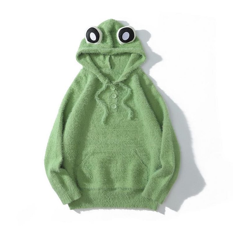 Frog Eyes Button Knitted Hoodie - Modakawa Modakawa