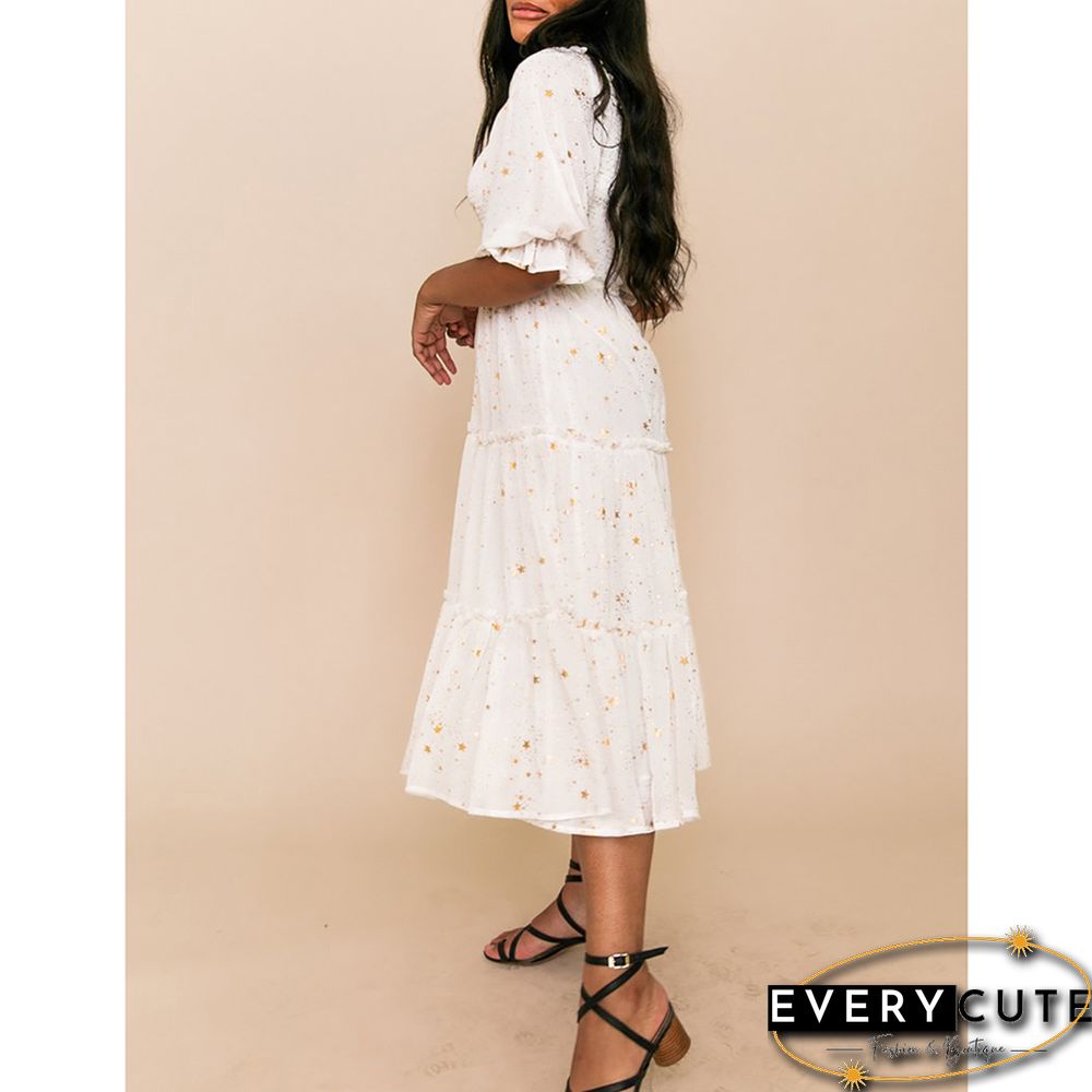 White Square Collar Pleated 1/2 Sleeve Floral Dress