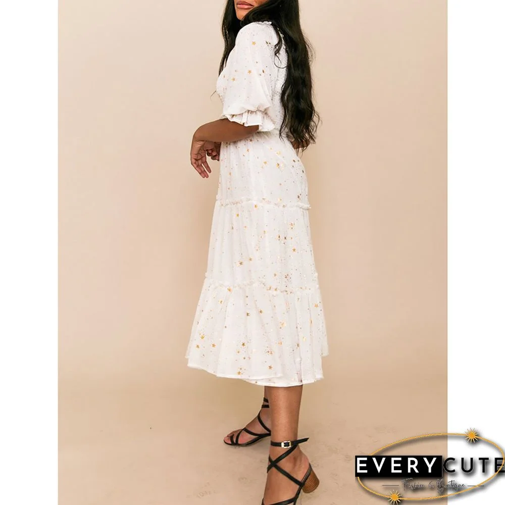 White Square Collar Pleated 1/2 Sleeve Floral Dress
