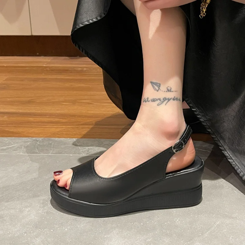 Breakj Breakj Slope Heel Sandals Women's Fashion Korean Version After The Buckle Heightening Thin Heel Fish Mouth Women's Sandals