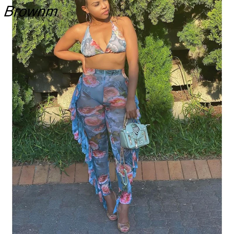 Brownm Tie Dye Print Mesh Summer Beach Two Piece Set with Panties Women Sexy Bra Halter Crop Top Ruffle Wide Leg Pants Suit