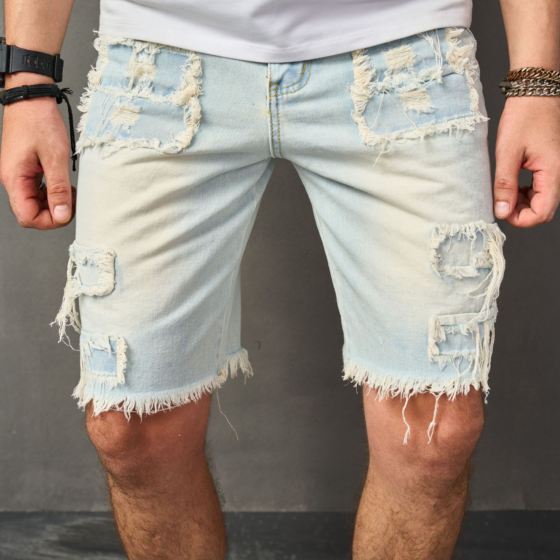 Men's Embroidered Denim Cropped Trousers