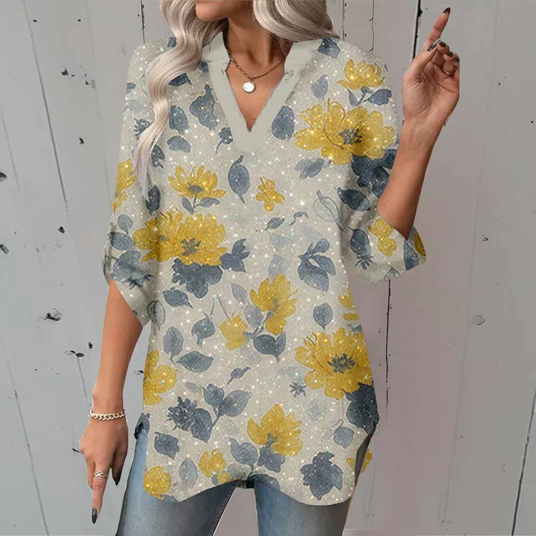 Women Glitter,Floral,Yellow DZGA0002 3/4 Sleeve V-neck Printed Graphic Button Tops