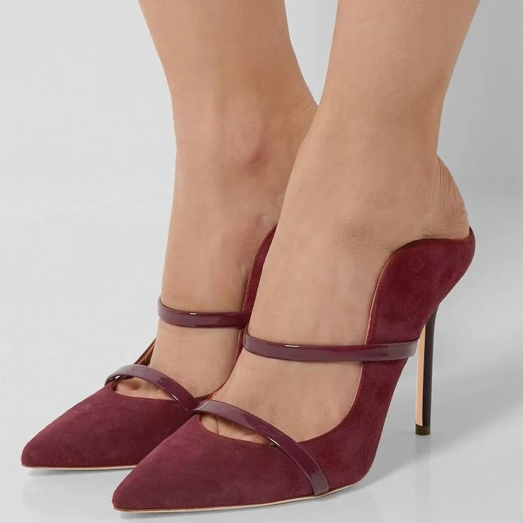 Burgundy Heels Pointy Toe Stiletto Heel Mules for Office Ladies Vdcoo