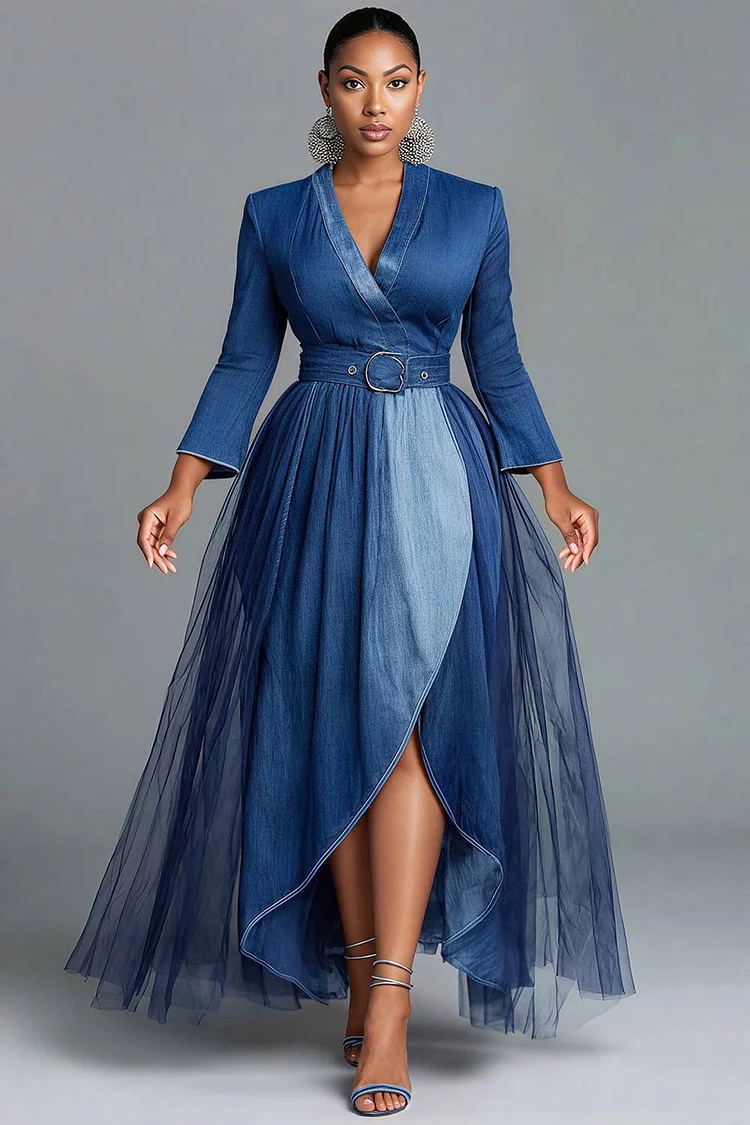 Xpluswear Design Plus Size Business Casual Blue V Neck Flare Long