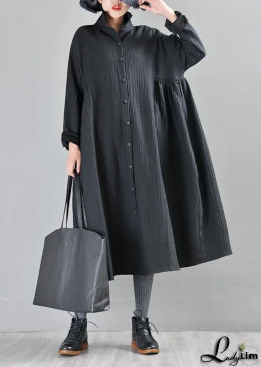 Fitted Black Peter Pan Collar Patchwork Button Linen Trench Coats Long Sleeve