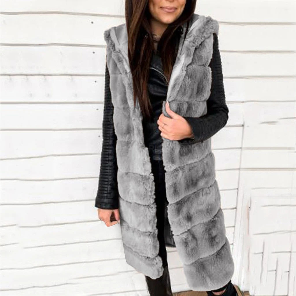 Fashion Solid Plush Long Jacket Vest Waistcoat Cardigan Casual Ladies Faux Coat Winter Sleeveless Streetwear Womens Outerwear