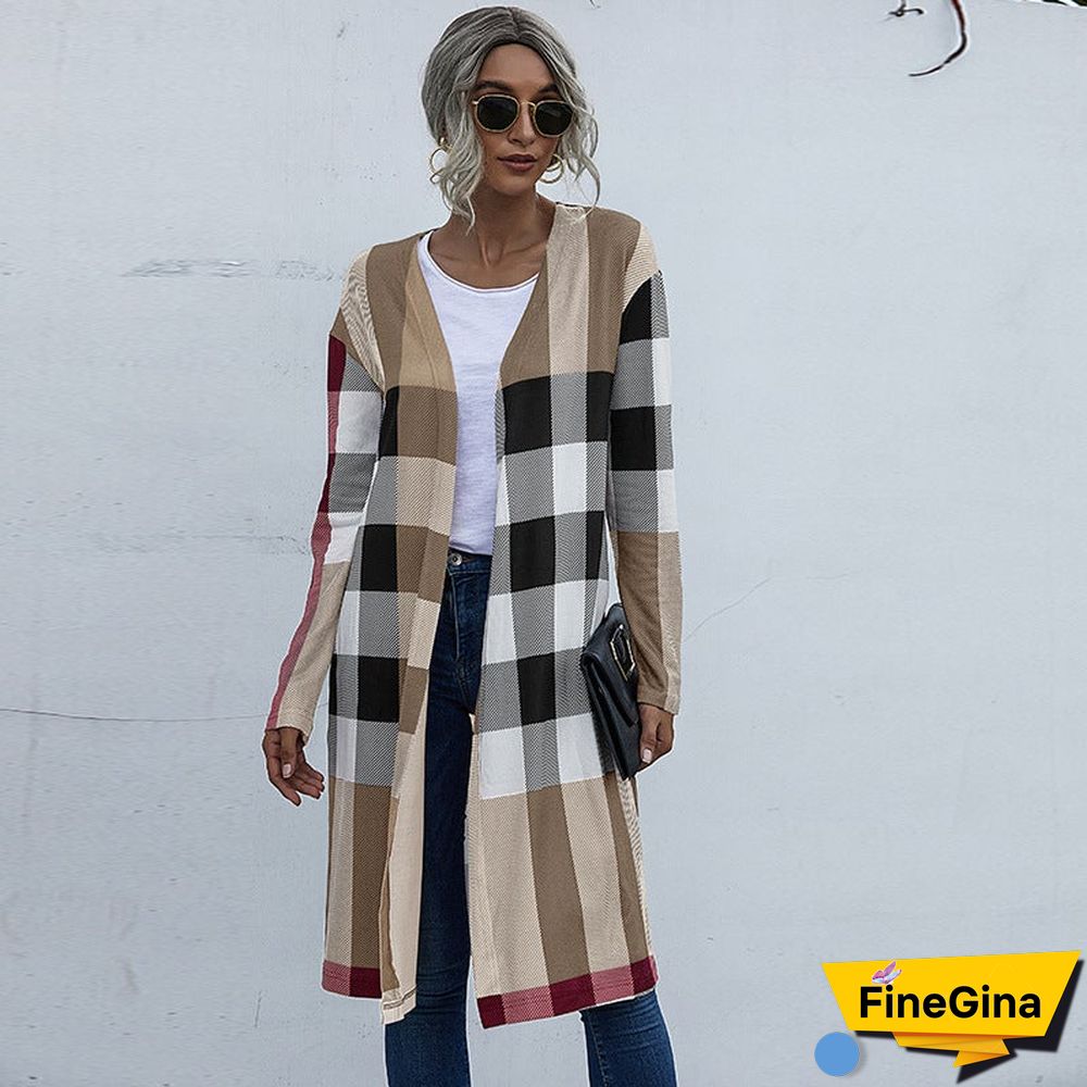 Autumn Women's Plaid Fashion Buttonless Straight Cardigan Coat Women