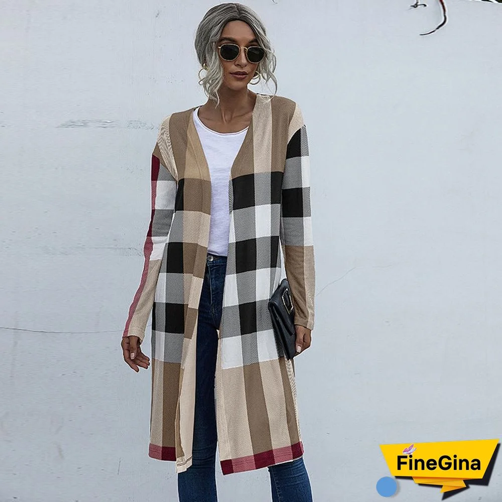 Autumn Women's Plaid Fashion Buttonless Straight Cardigan Coat Women