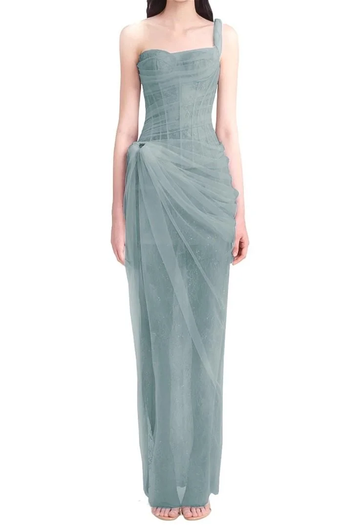 Miabel Beautiful Dusty Blue Chiffon One Shoulder Sleeveless Strapless Pleated Prom Dress with Applique  