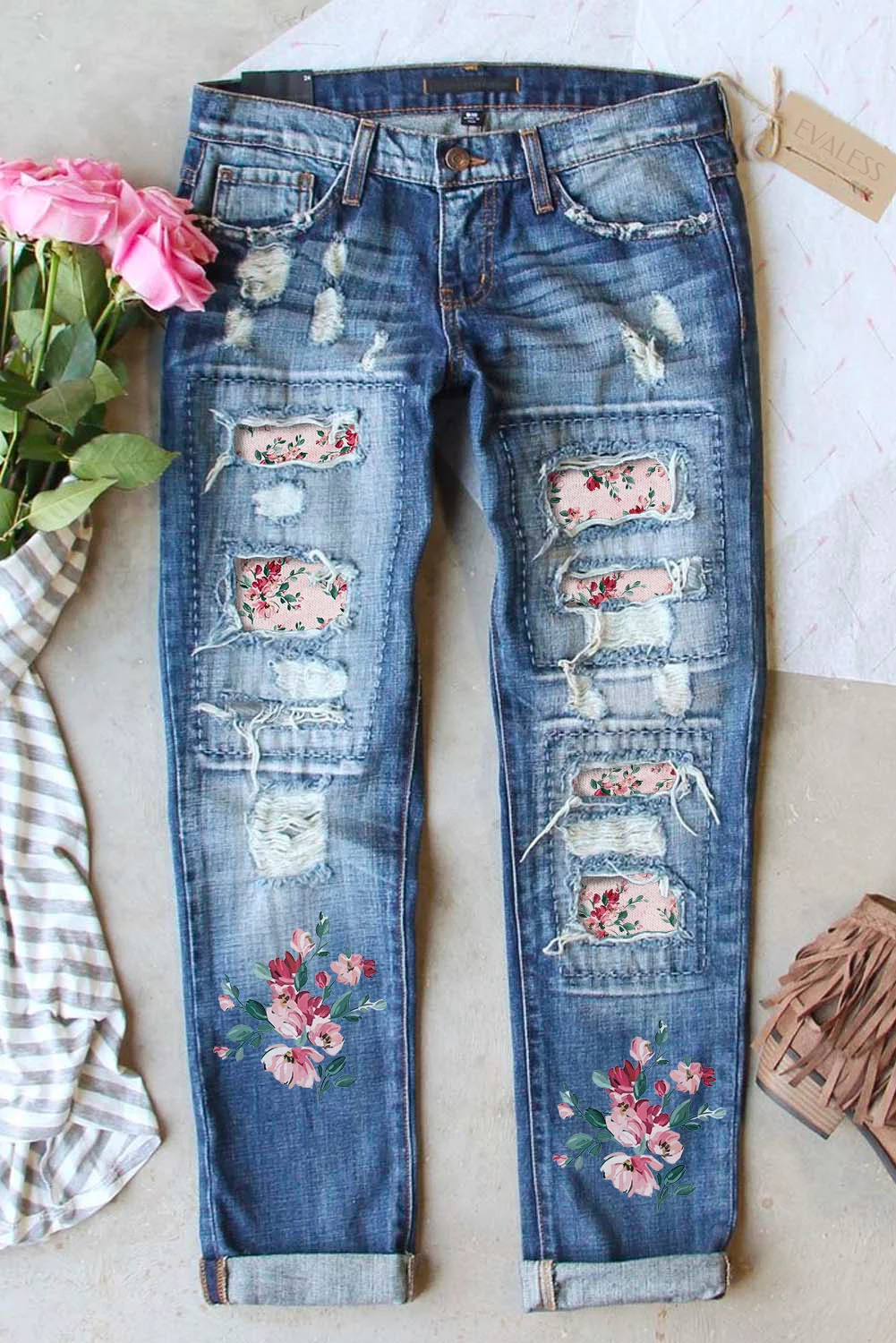 Sky Blue Flower Pattern Patchwork Slim Fit Distressed Jeans