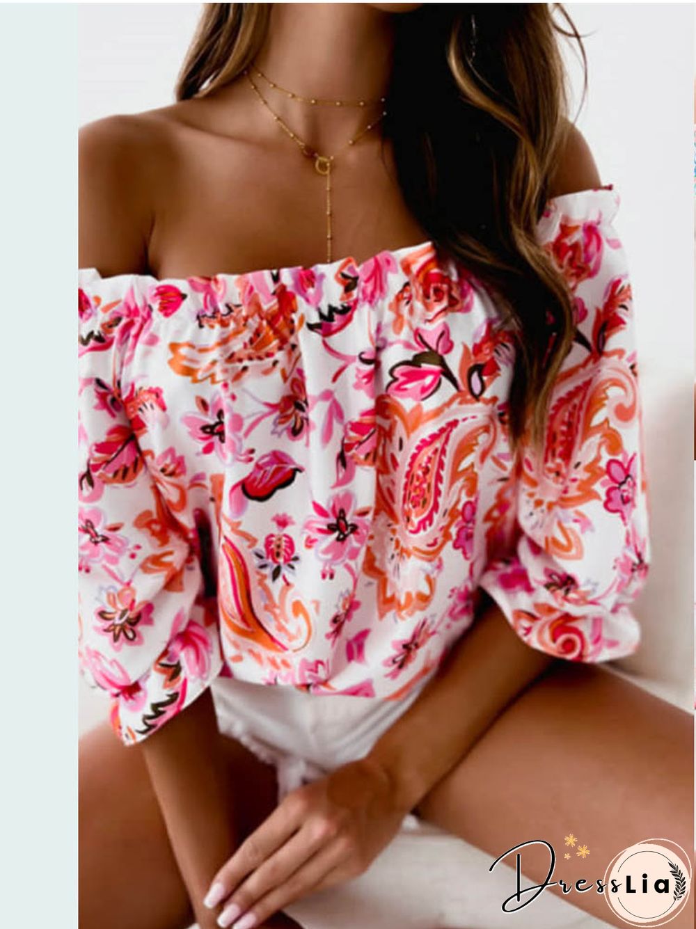 Sexy Slash Neck Blouse Fashion Casual Print Top Spring Ruffles Tops Shirts Elegant Sweet Off Shoulder Shirt New