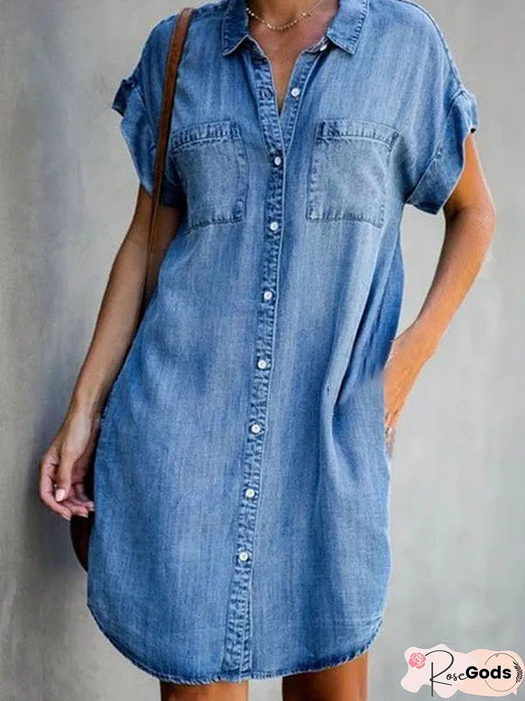 Blue Shirt Collar Plain Short Sleeve Denim Dress