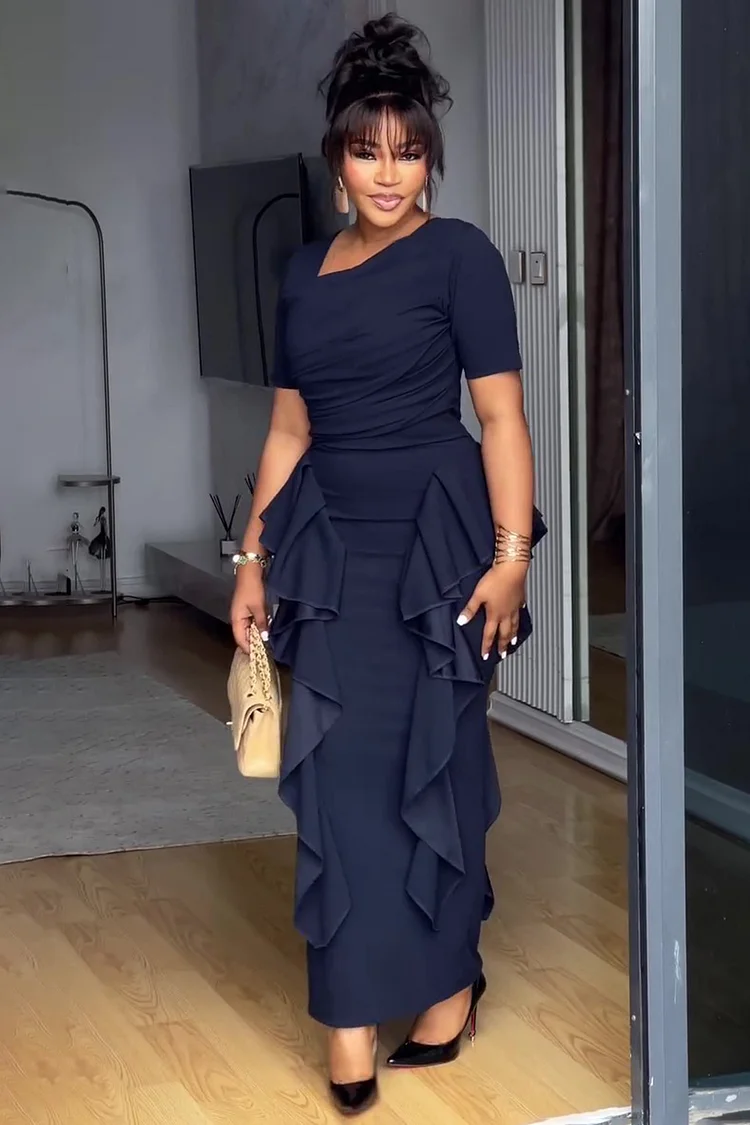 Asymmetric Neck Short Sleeve Ruffle Slim-Fit Maxi Dresses-Navy [Pre Order]