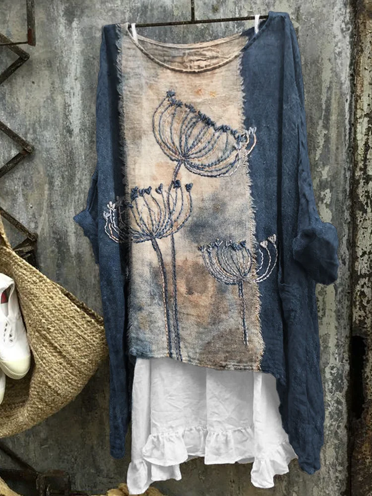 Floral Embroidered Tie Dye Frayed Patchwork Linen Blend Tunic