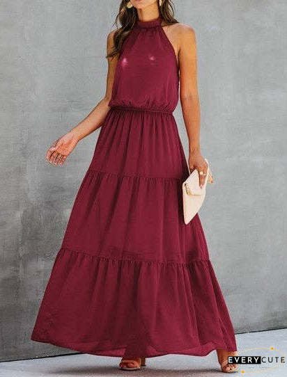 Green Linen Empire Maxi Dress with Gathered Skirt
