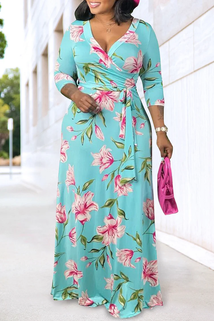 Plus Size Beach Maxi Dresses Casual Green Floral Spring Summer Wrap Neck 3/4 Sleeve Knitted Maxi Dresses