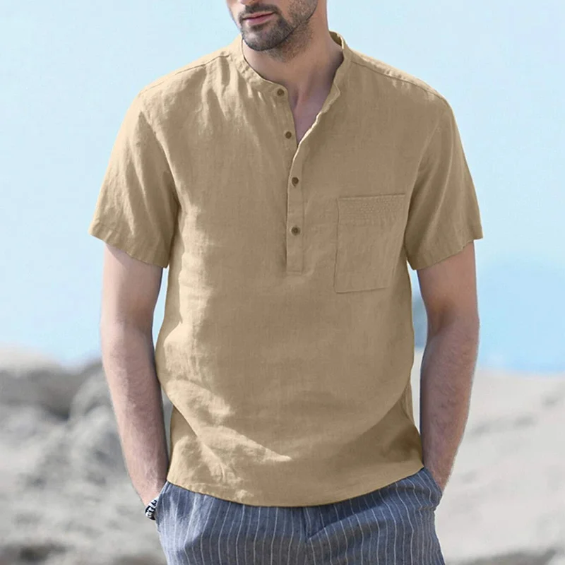 Men Cotton Linen Half Button Pocket Henry T-shirt Shirt Khaki-inspireuse