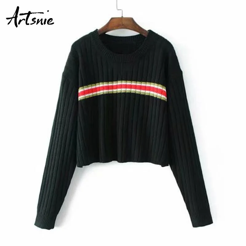 Artsnie Spring 2019 Striped Casual Knitted Crop Sweater Women O Neck Long Sleeve Pullover Winter Jumper Pull Femme Girls Sweater