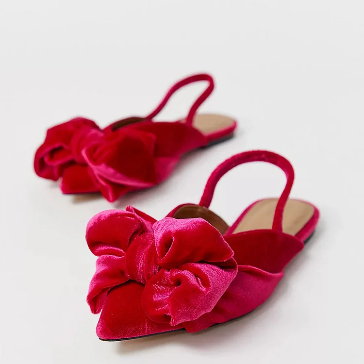 Dark Hot Pink Velvet Slingback Shoes Pointed Toe Flats with Bow