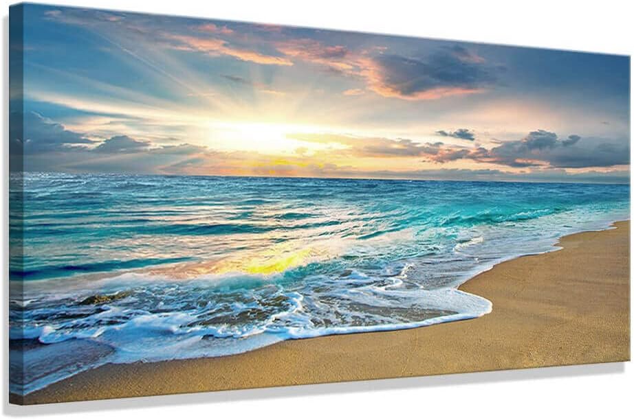 Large Wall art Decor Living room mural Canvas Print Picture Sunrise Ocean Beach 30x60inch Waves Scenery Painting Artwork for Office Wall Decor Home Decoration Stretched and Framed Ready to Hang 75x150cm