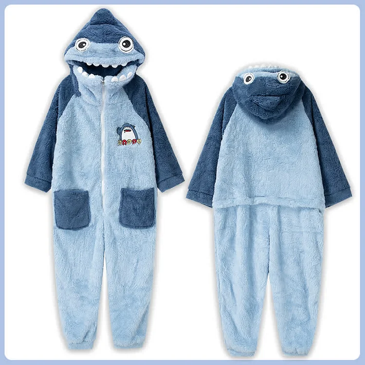 Girlfriend Boyfriend Cartoon Shark Embroidery Zipper Plush Hooded Jumpsuit Pajamas - Modakawa Modakawa