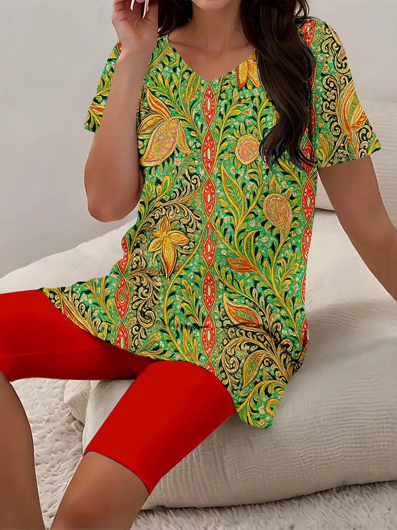 Women Long Sleeve V-neck Graphic Floral Printed Top