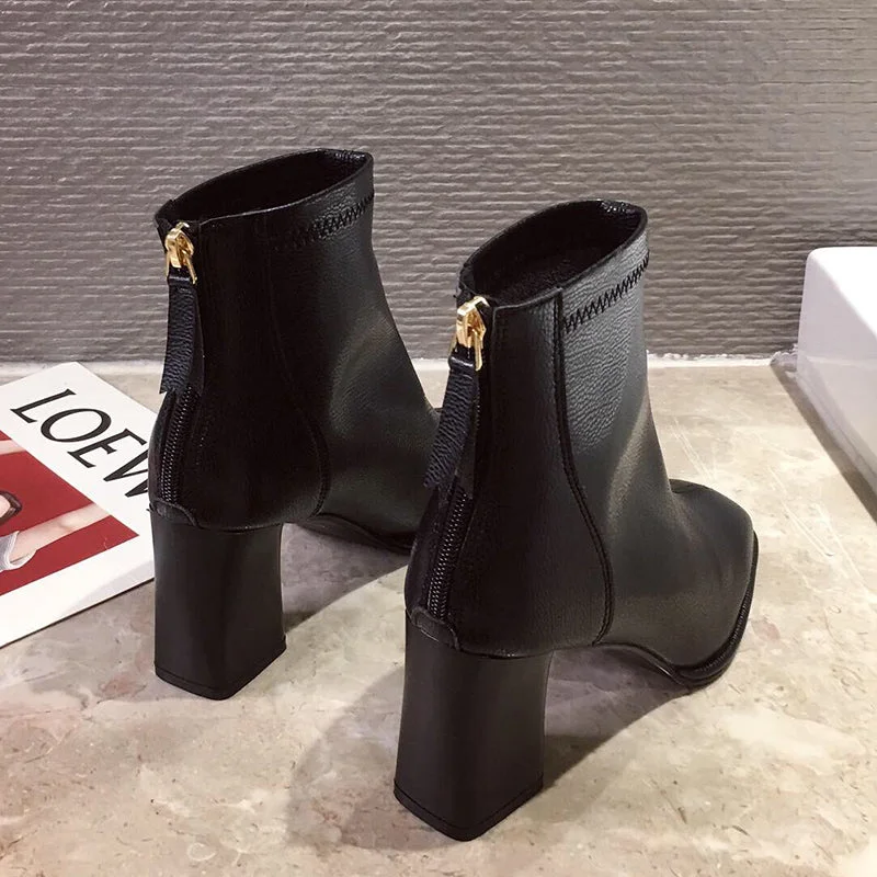  Luxury Brand Women Beige 7Cm Block High Heels Ankle Boots 2022 Winter Female Square Toe Chelsea Boots High Quality Short Boots