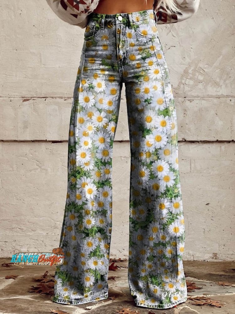 Women’s Daisy Print Casual Wide Leg Pants Multicolor / S