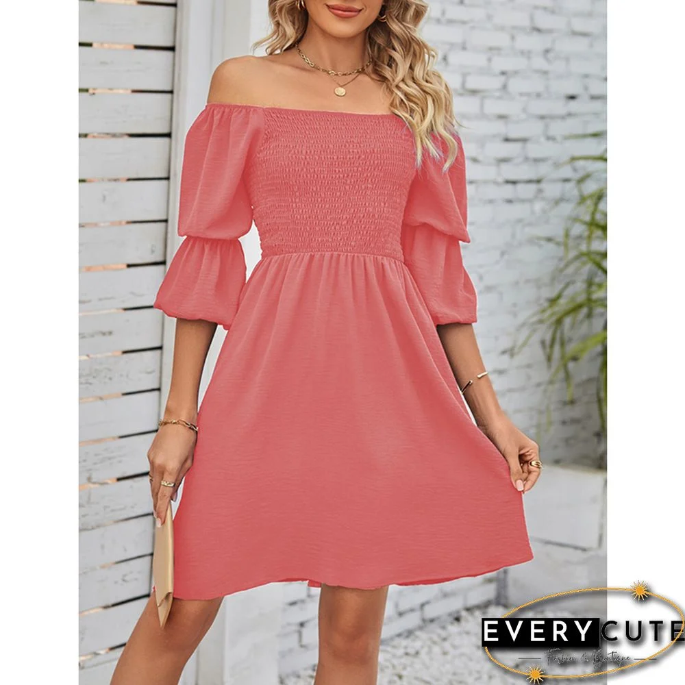 Light PinkPleated Square Neck Puff Sleeve Dress