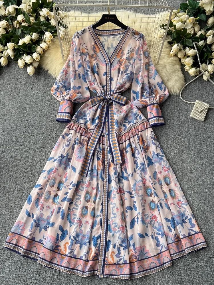 Bandage Chiffon Summer Floral Dress Women V Neck Long Lantern Sleeve Single Breasted Flower Print Lace Up Boho Robe Vestidos