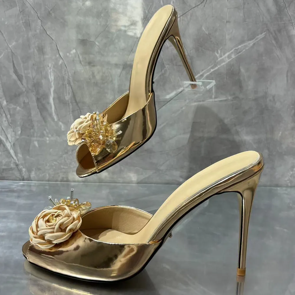 Women's 100mm High Heels Elegant Gold Floral Mules Sandals Stilettos For Wedding Party